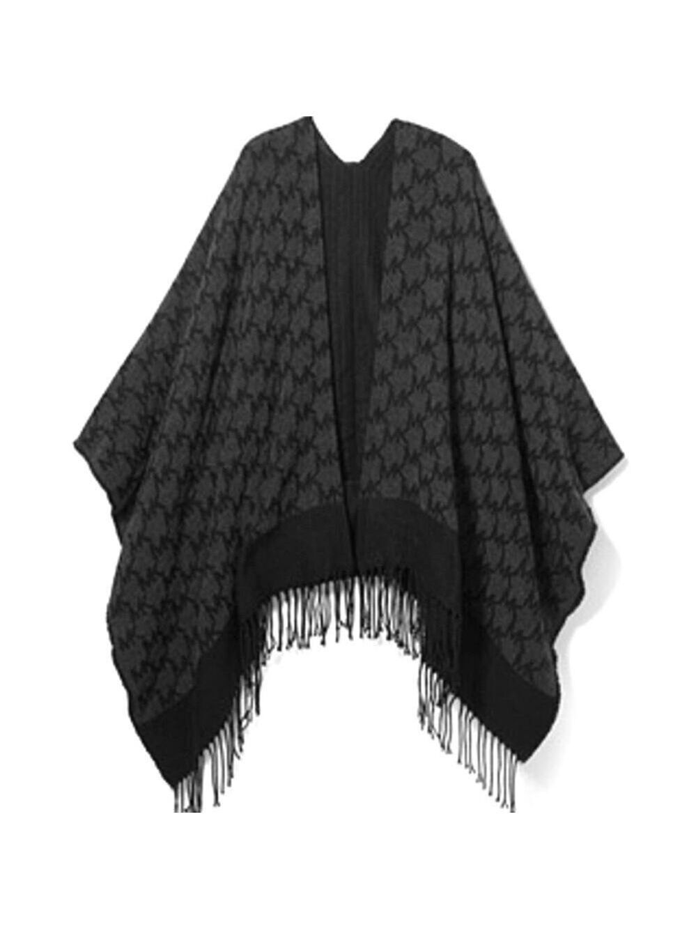 Michael Kors Logo Jacquard Fringed Ruana Poncho Black